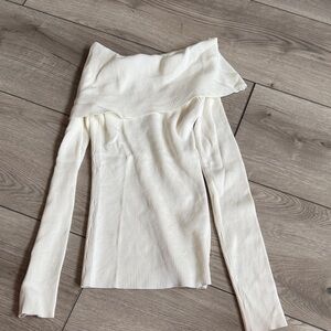 Alex Marie Cream Off-Shoulder Ribbed Long Sleeve Top
